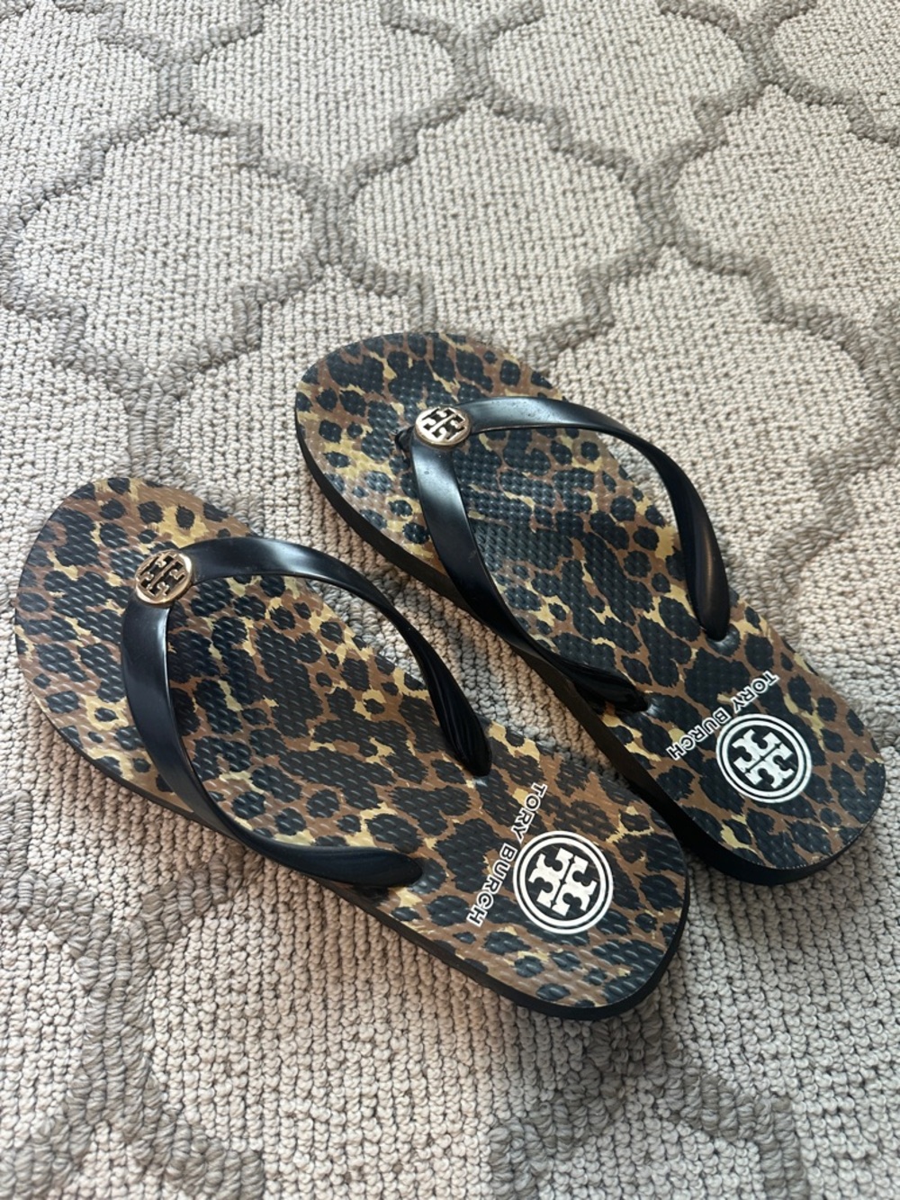 Tory Burch Leopard Print Flip Flops with Black Straps